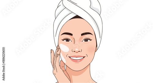 A radiant woman with a towel on her head, thoughtfully applying a soothing face cream, symbolizing a moment of self-care and a personal beauty ritual for healthy, glowing skin