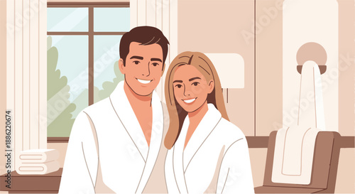 Happy Young Couple in White Bathrobes Smiling, Enjoying a Relaxing Spa Day or Wellness Retreat Together