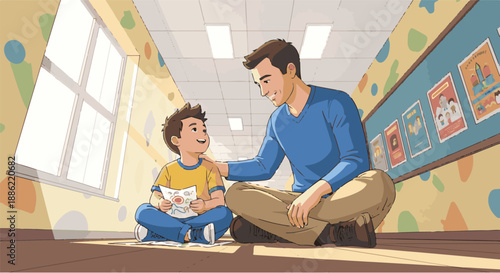 A supportive educator encourages a bright young student, reviewing schoolwork and building confidence through positive feedback in a vibrant educational setting