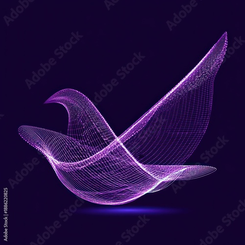 Abstract design of luminous, flowing purple dots, resembling a stylized bird against dark blue