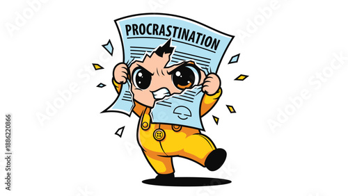 Angry cartoon character fighting procrastination, tearing a document to symbolize overcoming delay and struggle