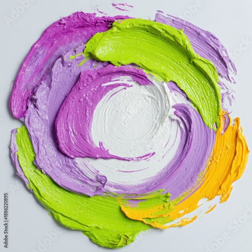 Swirling, textured paint strokes in purple, green, yellow, and white against a neutral backdrop