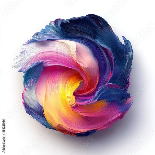Swirling colorful paint strokes form a rosette shape against white, showcasing texture and shadow
