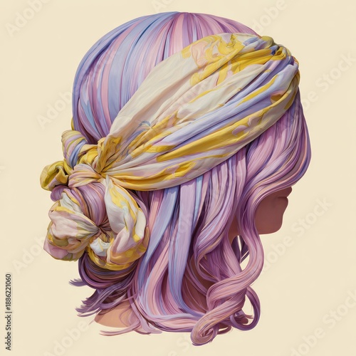 Stylized profile of a woman with vibrant pastel hair, wearing a patterned scarf