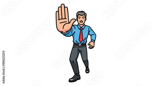 Confident cartoon businessman making a stop hand gesture, signaling halt or warning on white background.