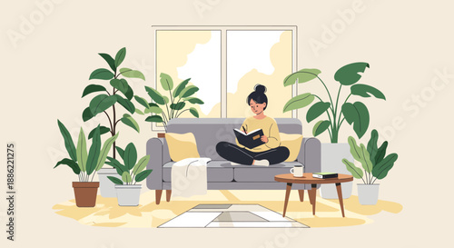 Young Woman Reading Book on Sofa Surrounded by Plants.