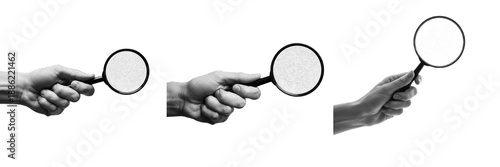 Photos Set of Human Hand Holding Magnifying Glass in Different Angles Isolated on White