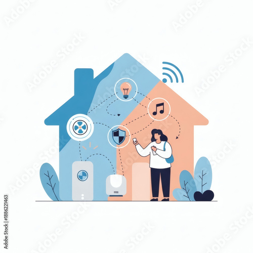 Smart Home Automation: A depiction of a woman using a smartphone to manage her connected devices within a smart home, illustrating the convenience and interconnectedness of modern living.