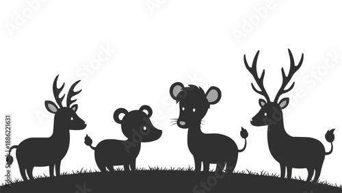 Silhouette of deer and mice on grass.