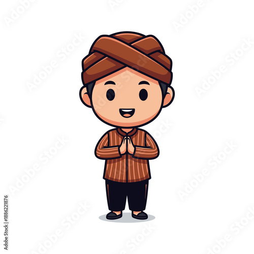 Schilderij op canvas Cartoon boy in traditional dress with hands together in greeting or prayer