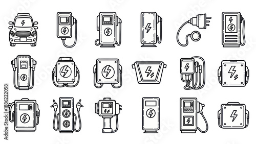 Electric vehicle charging station icons set representing technology