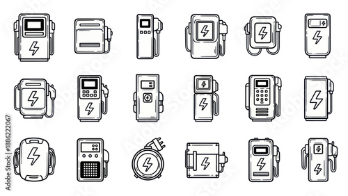 Electric vehicle charging stations collection vector illustrations on white