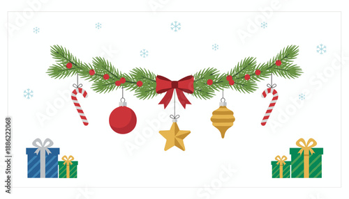 Festive Christmas garland banner with ornaments gifts snowflakes and copy space Ideal for holiday greeting