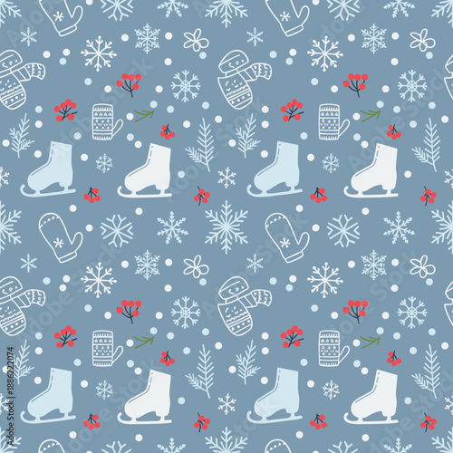 Winter seamless pattern featuring ice skates mittens snowflakes and festive berries on a blue background