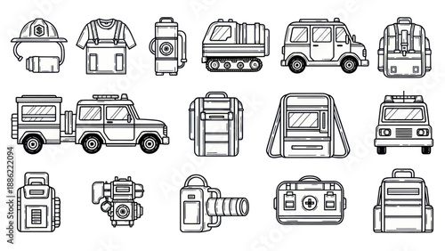 Emergency services icon set firefighter gear vehicles and equipment