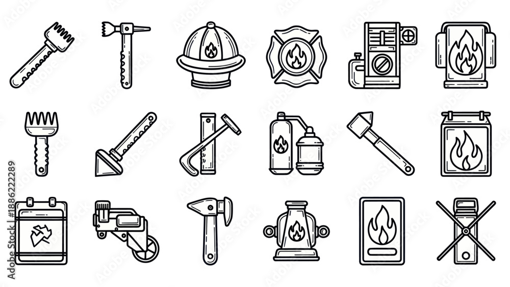 Fototapeta premium Firefighting equipment collection in vector style for safety and emergency use