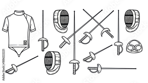 Fencing equipment illustration swords masks and uniform on white background
