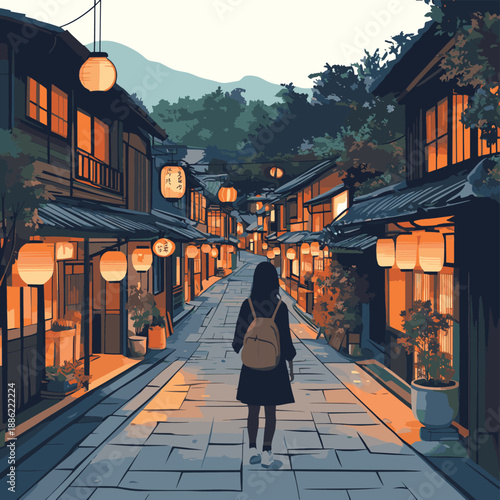 Flat vector illustration of a solo woman traveler exploring a traditional Japanese street with wooden houses and lanterns
