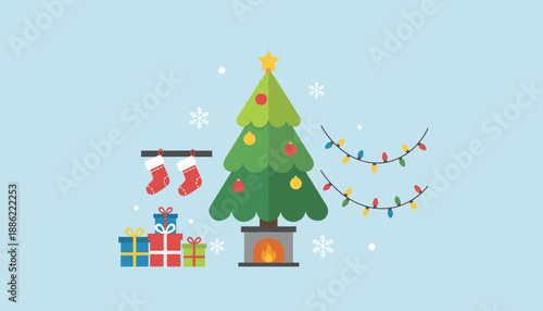 Cozy Christmas scene with decorated tree stockings gifts and fireplace Holiday vector art