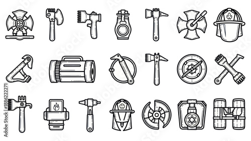 Firefighter tools collection axe helmet and equipment icons illustration