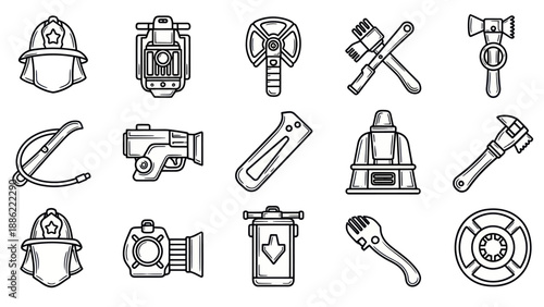 Firefighting equipment collection vector icons depicting emergency tools