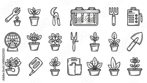 Gardening tools and potted plants illustration set on white background