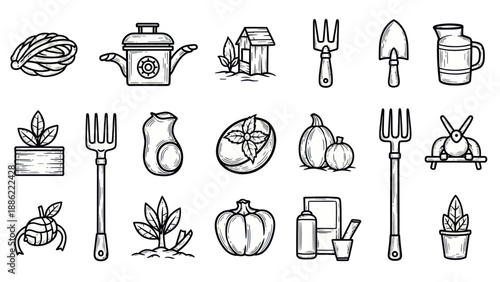 Garden tools and vegetables illustration vector set isolated white background