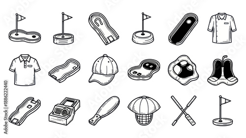 Golf icons set in black and white sports equipment and elements