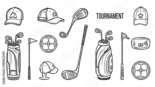 Golf tournament illustration set of accessories and equipment drawings