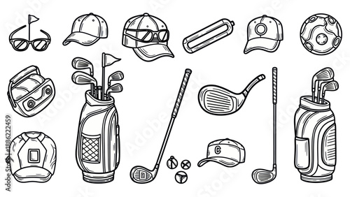 Golfing equipment collection vector illustrations of clubs bags and accessories