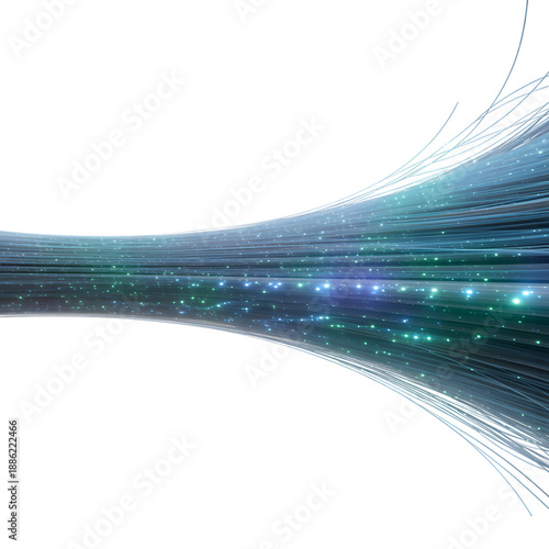 Abstract light trails forming a curved structure with glowing particles in darkness
