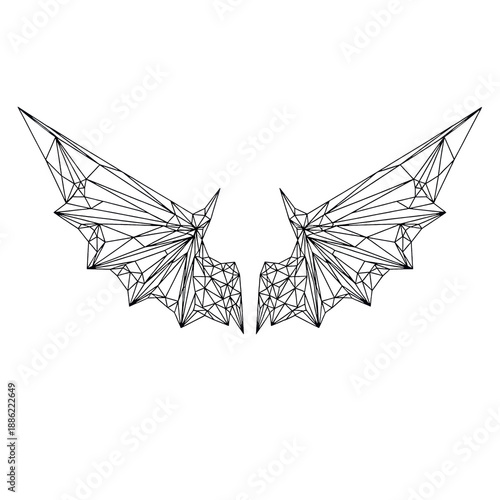 majestic pair of black line art dragon wings, featuring intricate polygonal geometry resembling crystalline facets, isolated against a transparent background. concept of mythological power and
