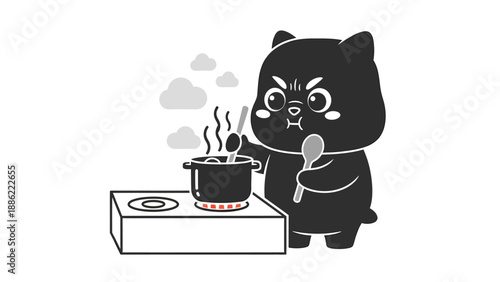 Angry cartoon bear cooking fail: Frustrated chef character with smoking pot on stovetop, kitchen disaster illustration
