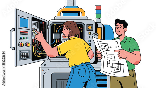 Engineers inspecting industrial control panel with schematics. Team of technicians troubleshooting factory machine. Industrial automation concept.