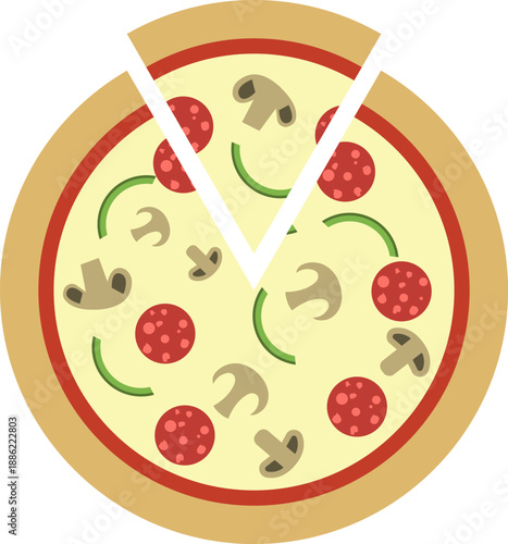 Pizza. Pepperoni pizza with slice. Delicious Italian pizza with mushrooms and bell peppers. Isolated on white background. Vector illustration.