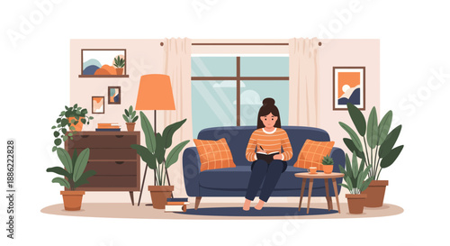Young woman relaxing on a comfortable sofa at home.