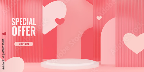 3D podium scene with reeded translucent glass in pink hues. Elegant product platform. Abstract vector realistic background for Valentine's Day and Women's Day promotion and sales