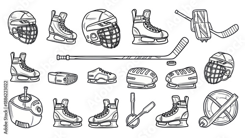 Hockey equipment illustration set helmets skates and accessories