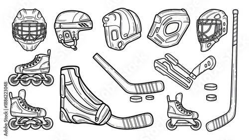 Hockey equipment illustration set helmets skates sticks and more