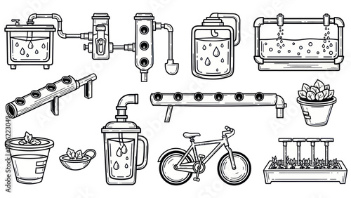 Hydroponic systems and bicycle elements illustrations isolated on white background