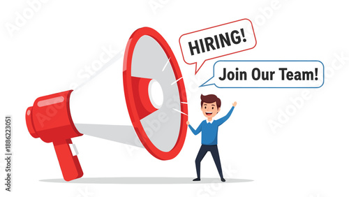Hiring Announcement with Megaphone. Cartoon Man Invites to Join Our Team for Job Recruitment