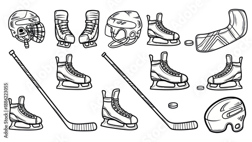 Ice hockey equipment set in black and white isolated on white background