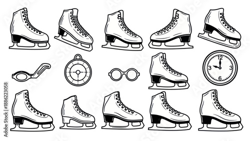 Ice skates and accessories black and white illustration isolated design