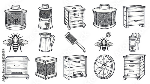 Illustrated beehives and bees collection vector graphics isolated elements