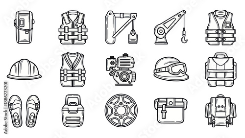 Industrial icons set engineering equipment and safety gear illustration