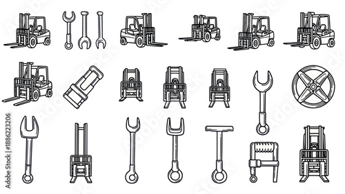 Industrial equipment set forklifts and tools in minimalist vector style