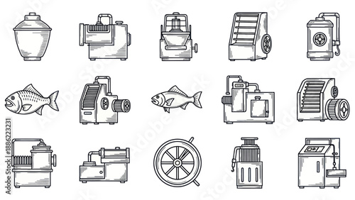 Industrial machinery and marine life vector illustrations for design