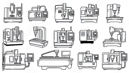 Industrial machinery collection line art illustrations for manufacturing