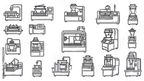 Industrial machinery collection line art illustrations for manufacturing and production