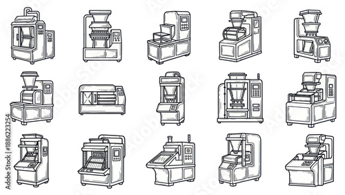 Industrial machinery illustrations vector graphics of production equipment